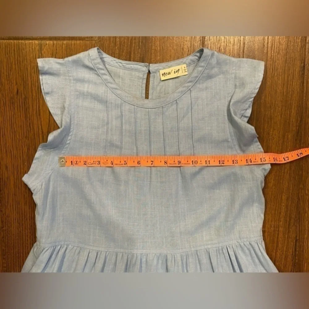 New In Light Blue Tiered Flutter Sleeve Mini Dress Small Pleated Neckline Pocket